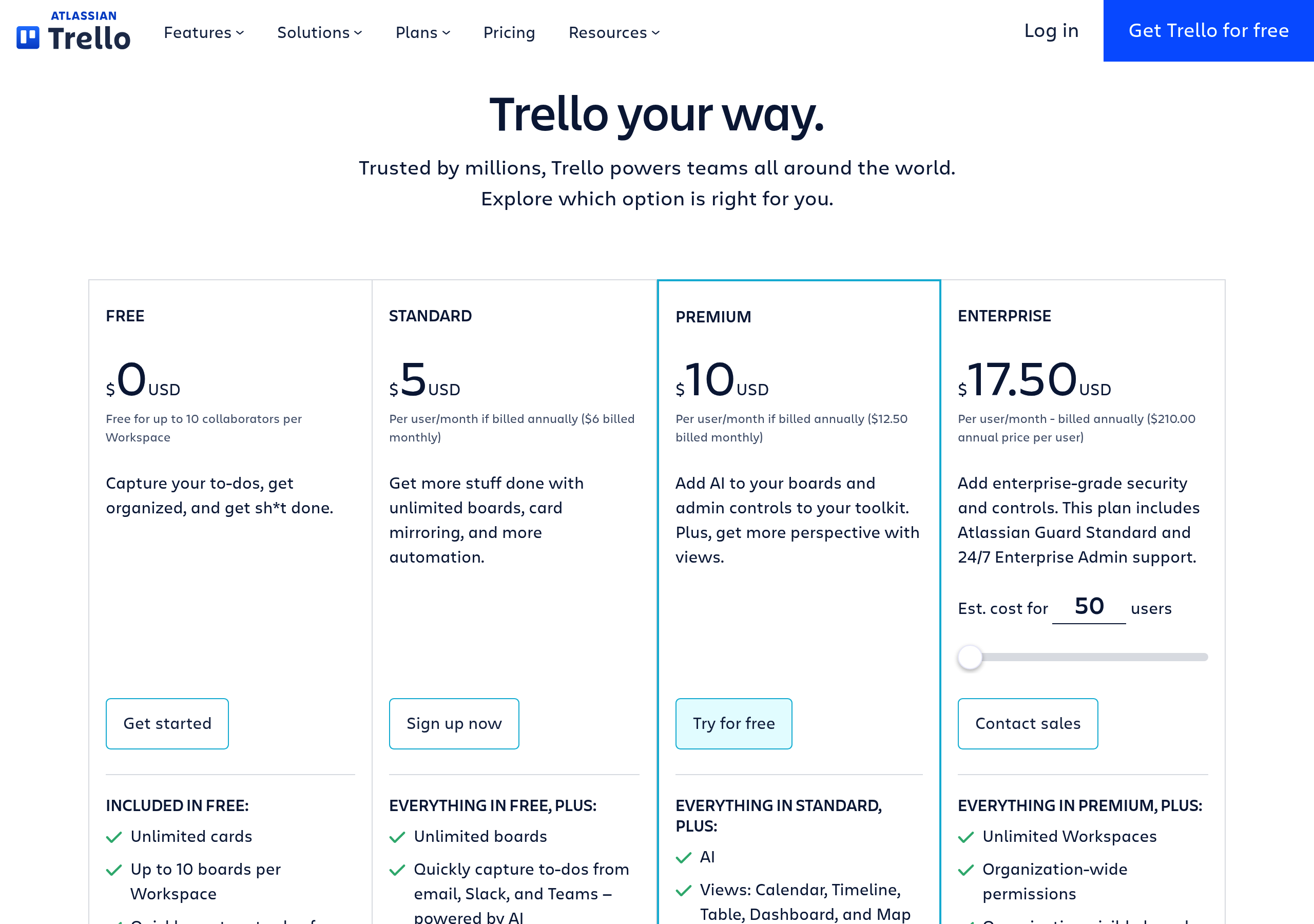 Trello – Pricing screenshot Pricing – Trello website breakdown