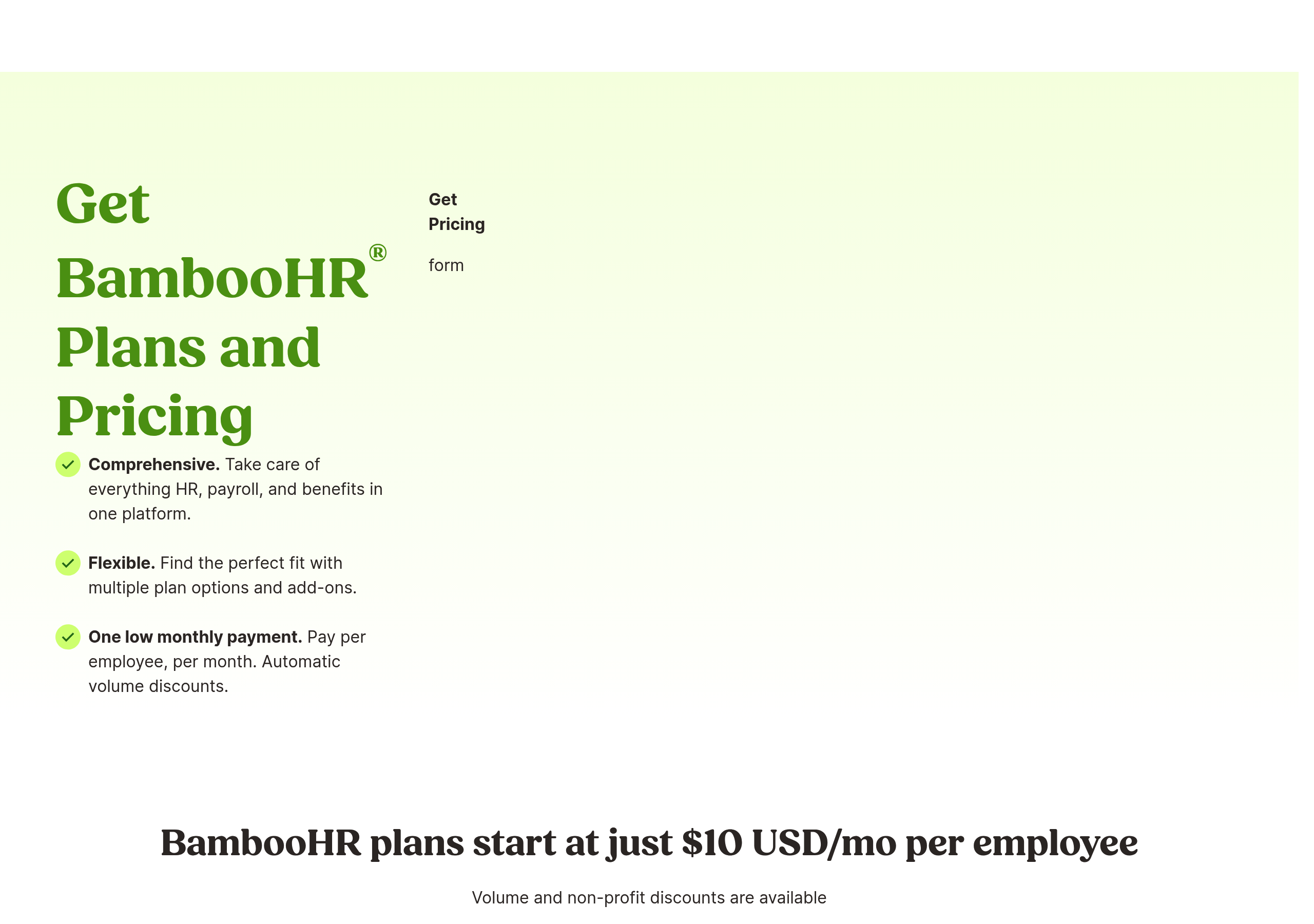 BambooHR – Pricing screenshot Pricing – BambooHR website breakdown