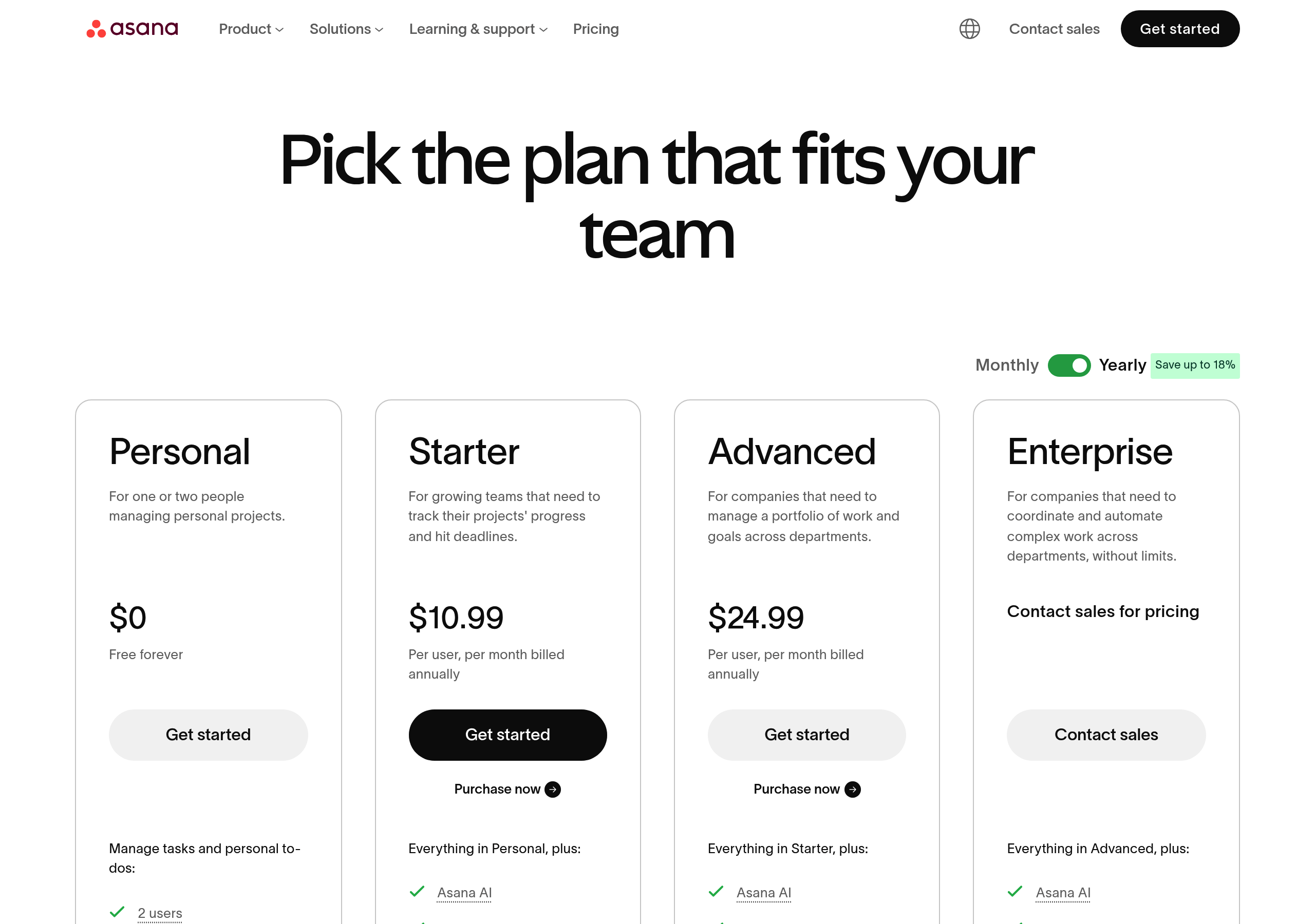 Asana – Pricing screenshot Pricing – Asana website breakdown