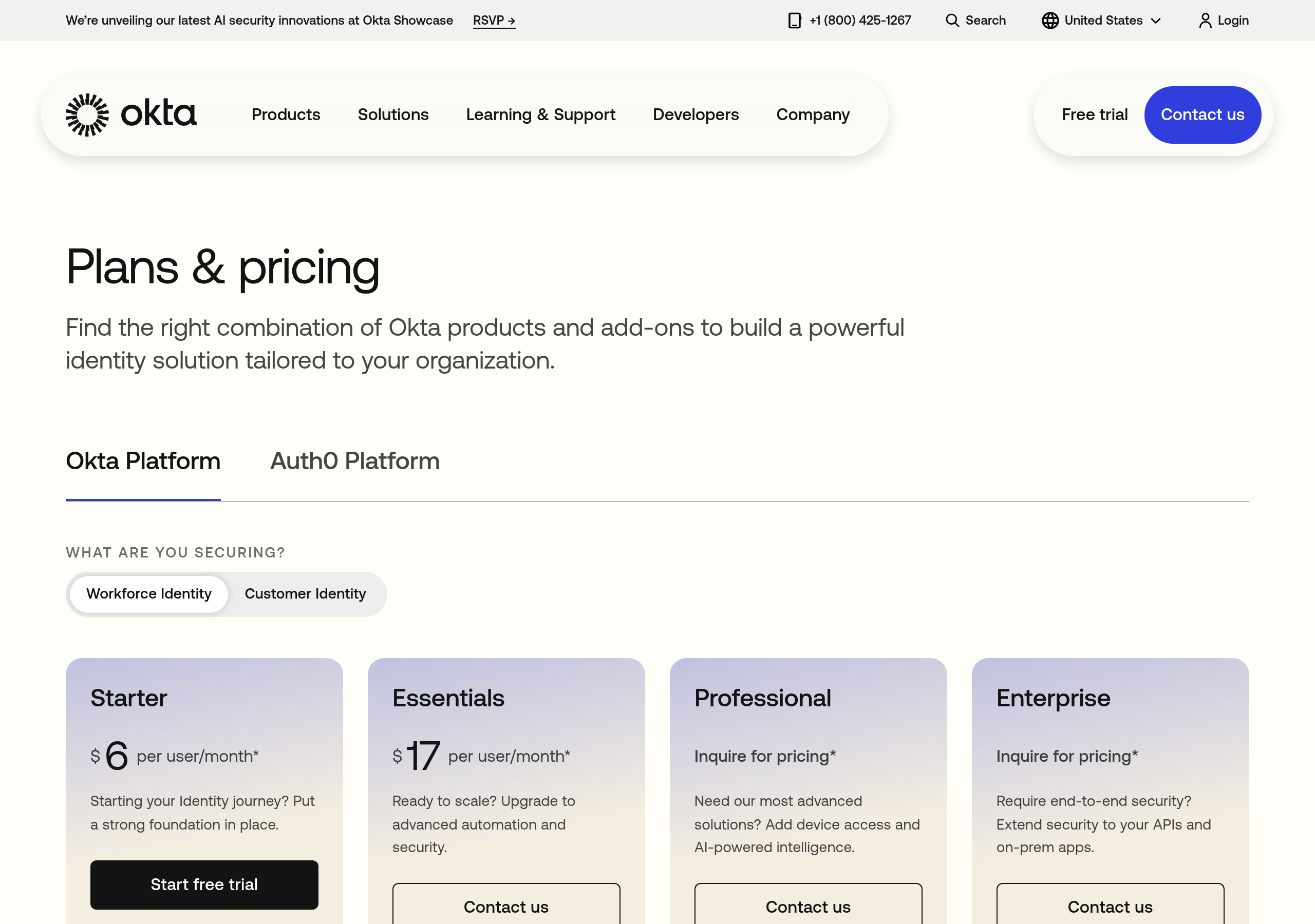 Okta – Pricing screenshot Pricing – Okta website breakdown