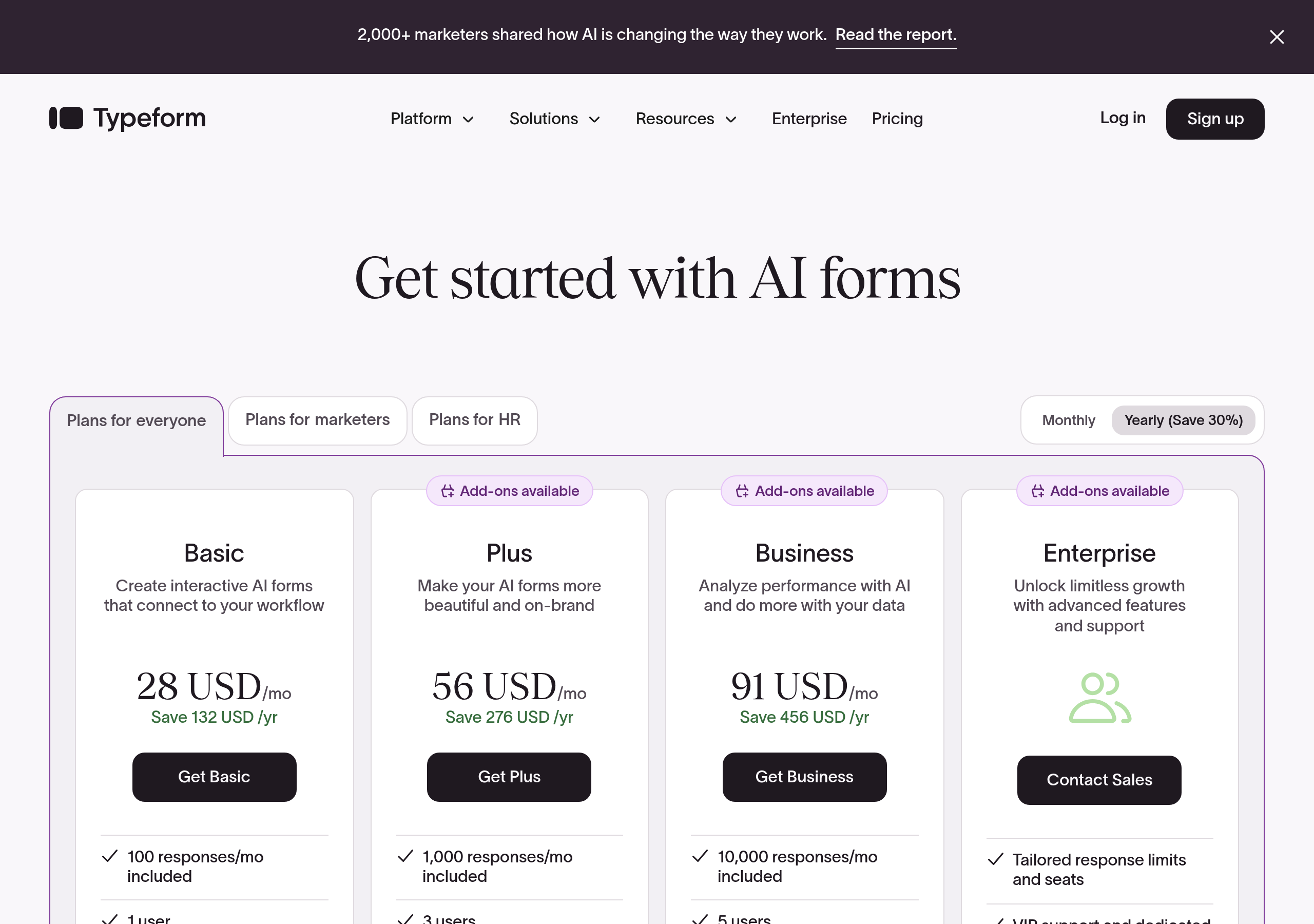 Typeform – Pricing screenshot Pricing – Typeform website breakdown