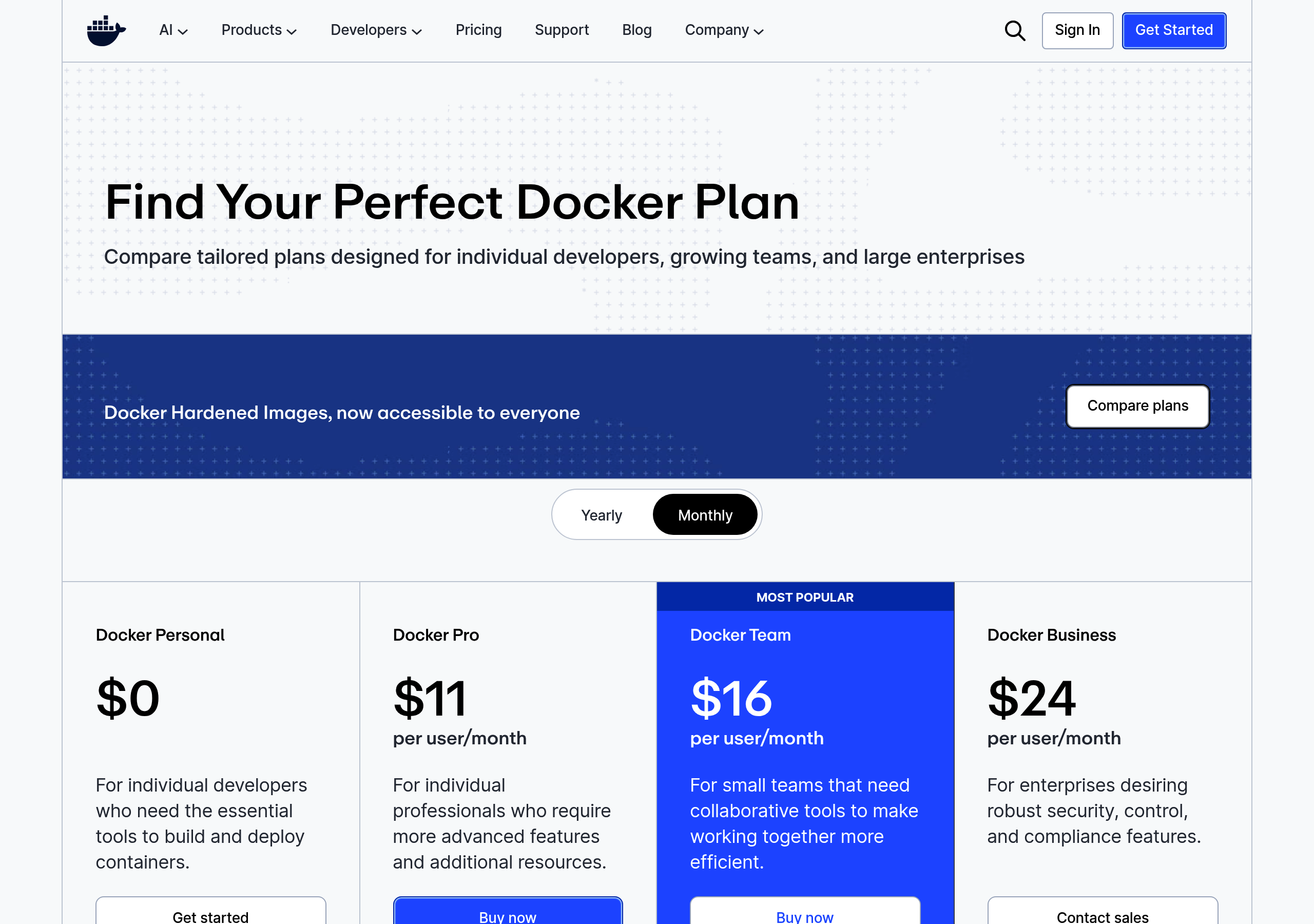 Docker – Pricing screenshot Pricing – Docker website breakdown