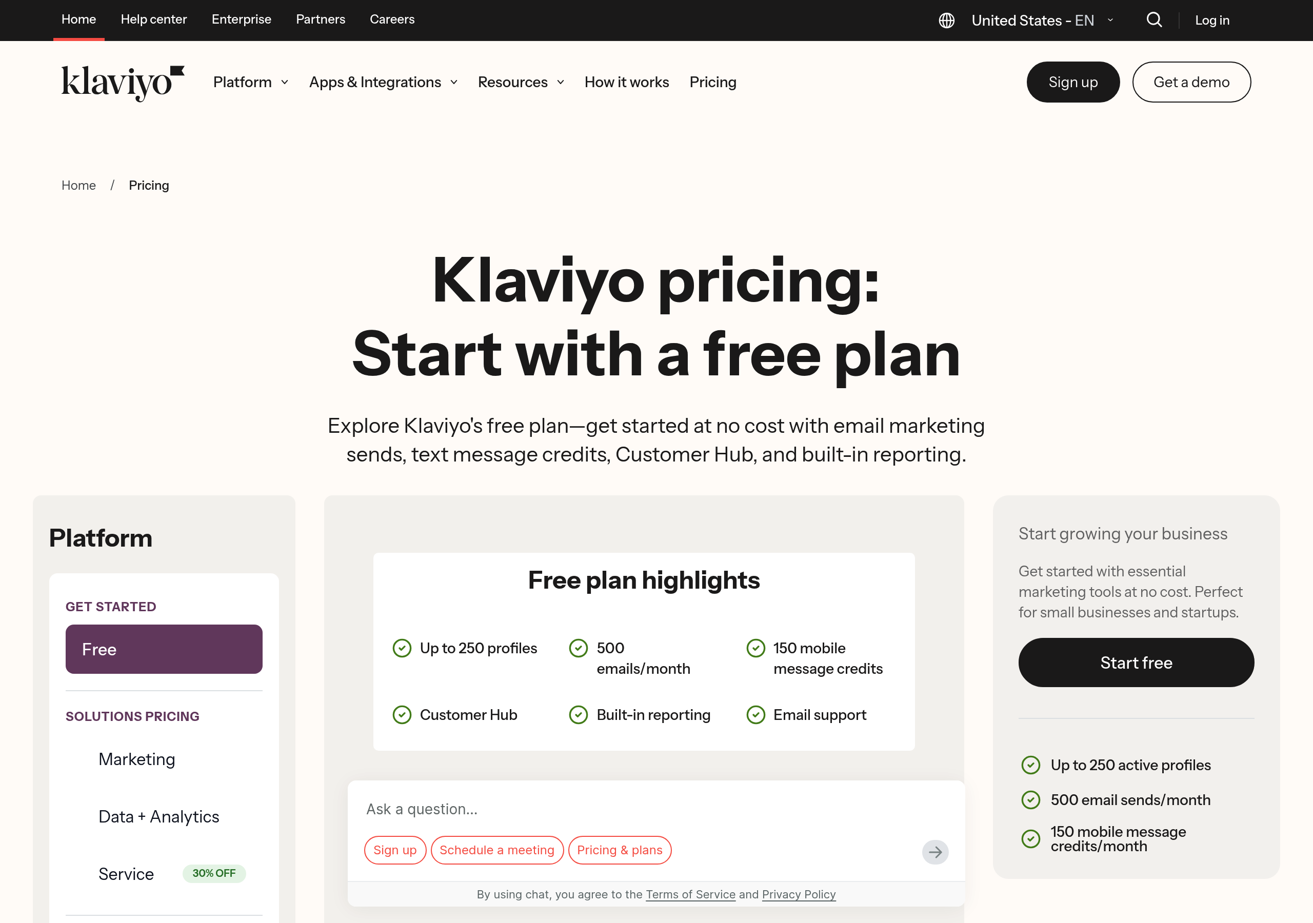 Klaviyo – Pricing screenshot Pricing – Klaviyo website breakdown