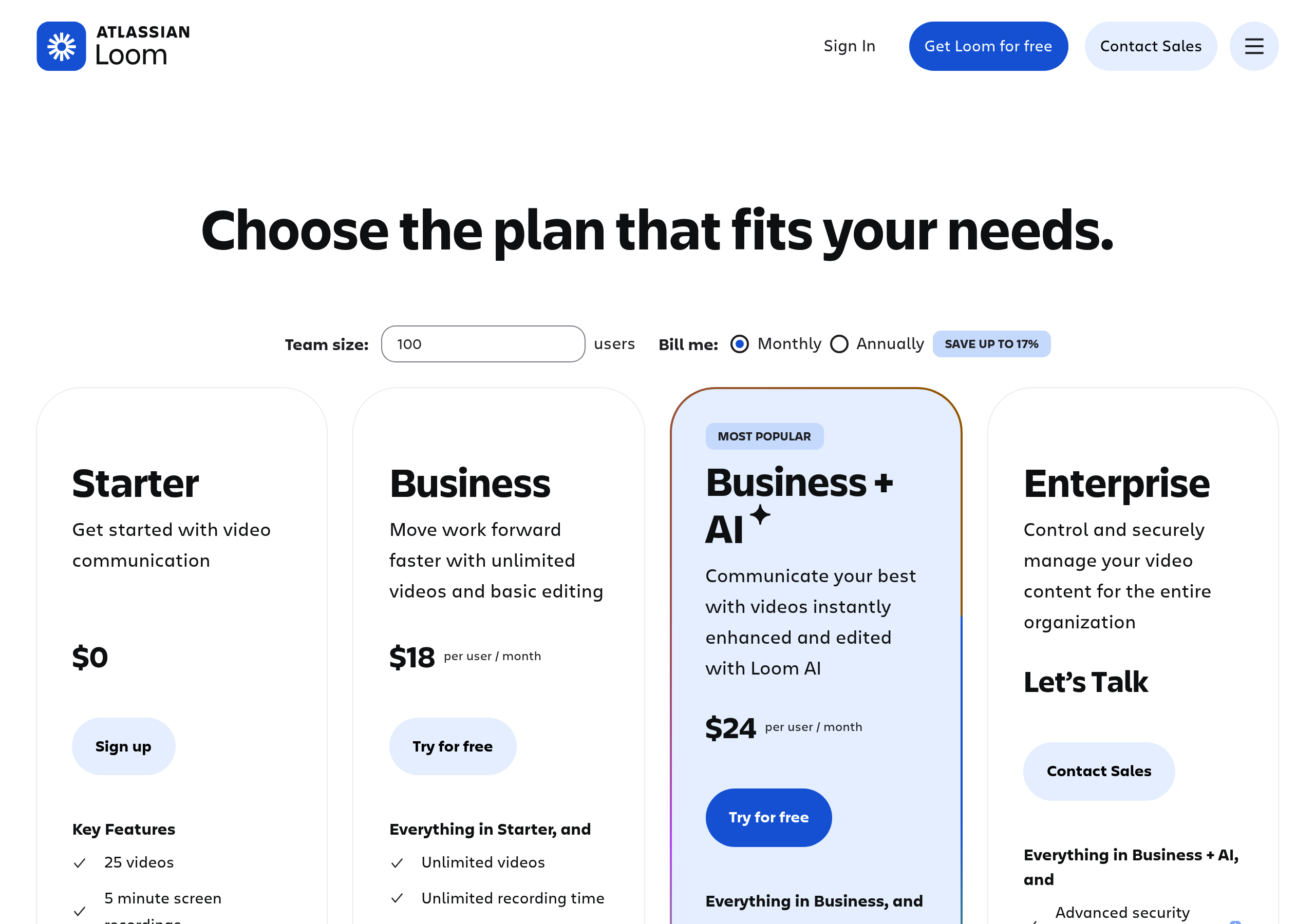 Loom – Pricing screenshot Pricing – Loom website breakdown