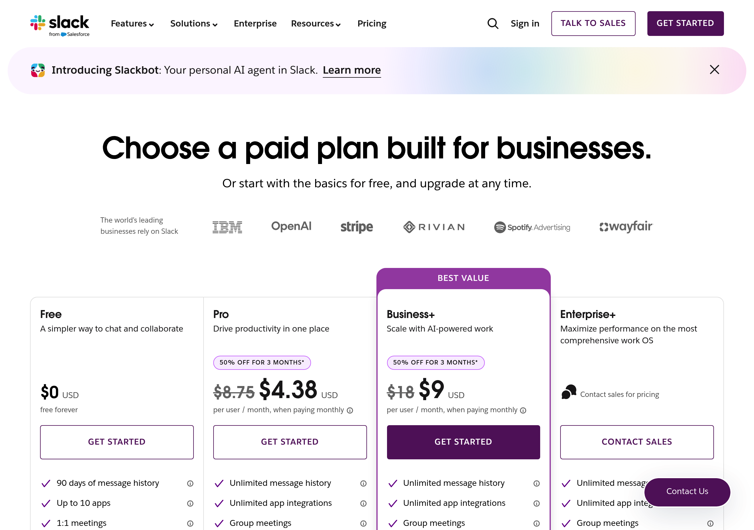 Slack – Pricing screenshot Pricing – Slack website breakdown