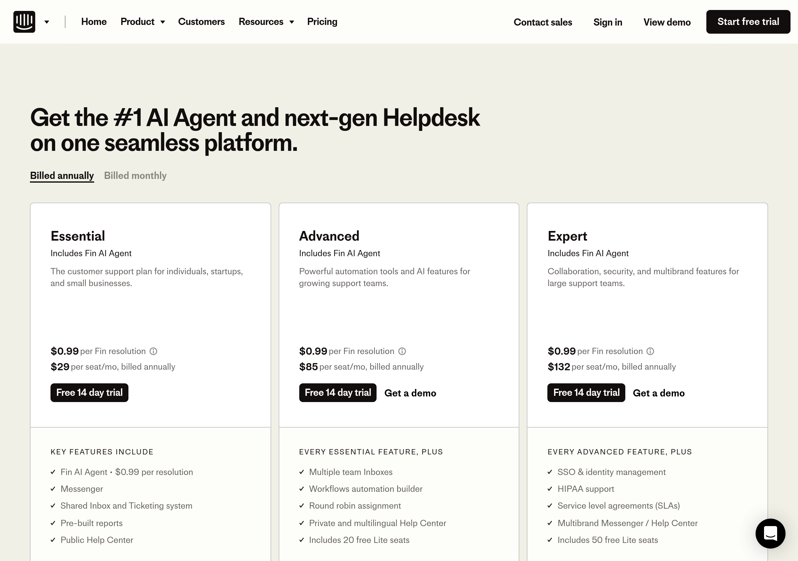 Intercom – Pricing screenshot Pricing – Intercom website breakdown