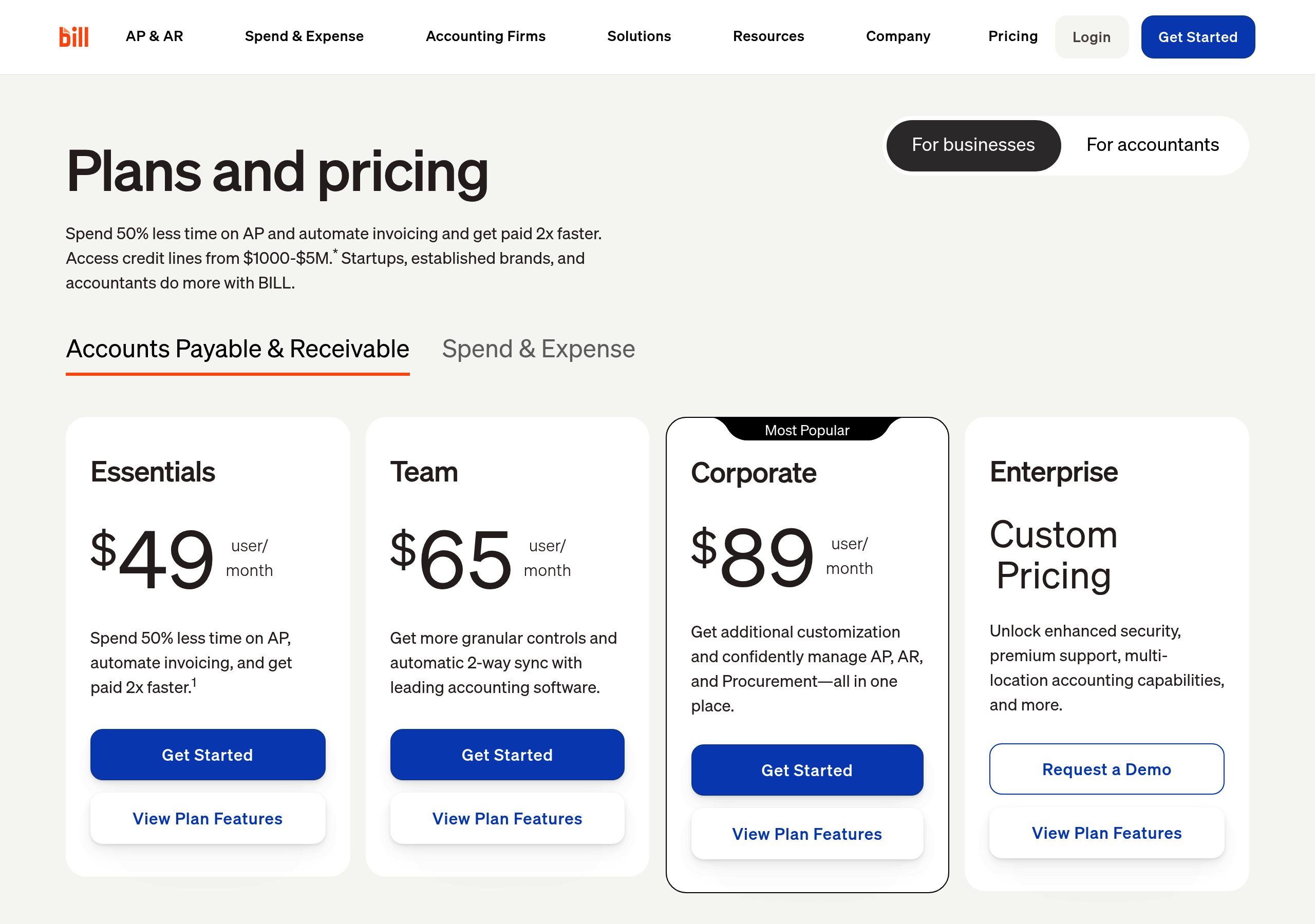 Bill.com – Pricing screenshot Pricing – Bill.com website breakdown