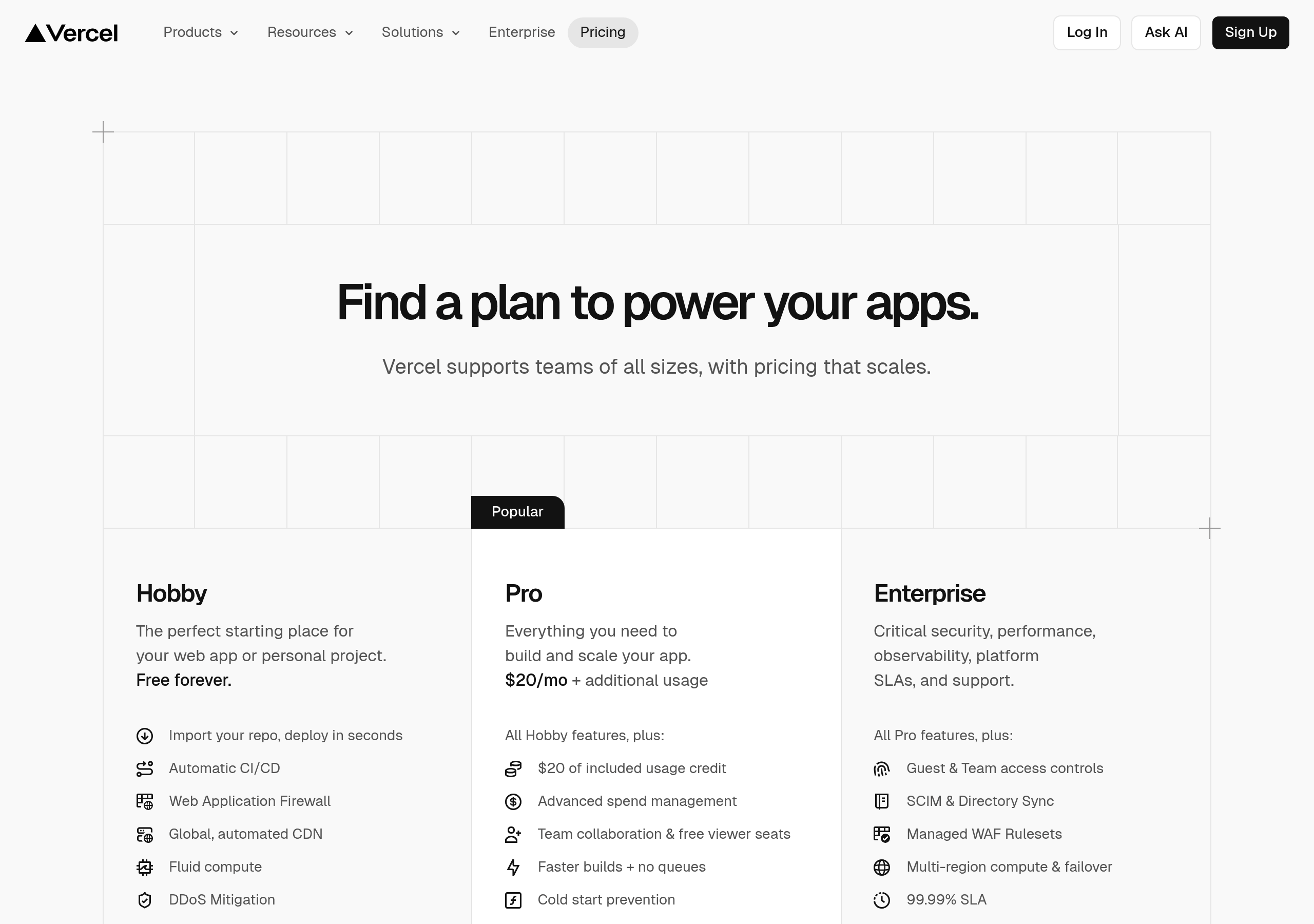 Vercel – Pricing screenshot Pricing – Vercel website breakdown