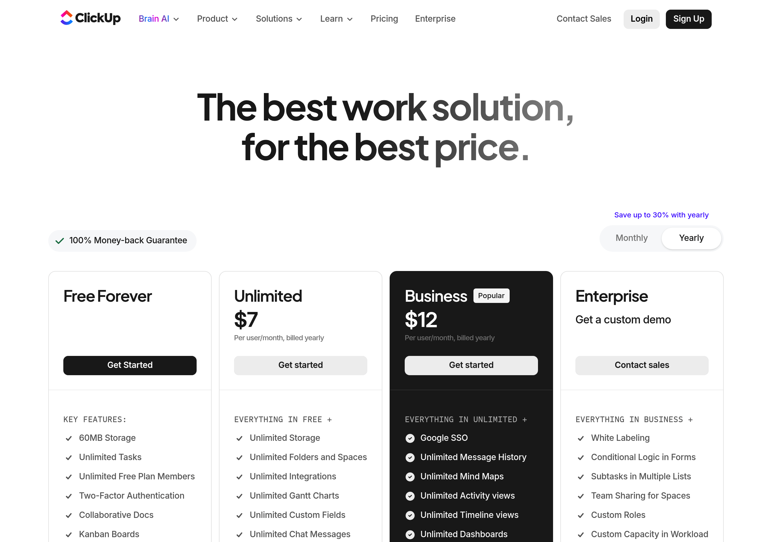 ClickUp – Pricing screenshot Pricing – ClickUp website breakdown