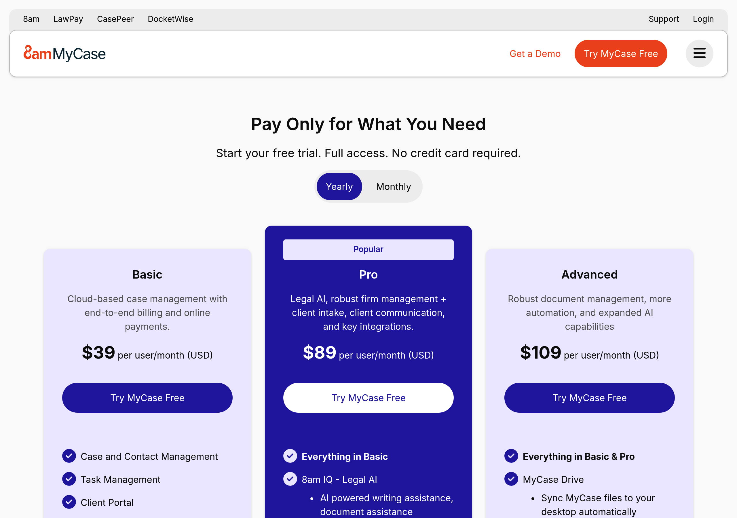 MyCase – Pricing screenshot Pricing – MyCase website breakdown