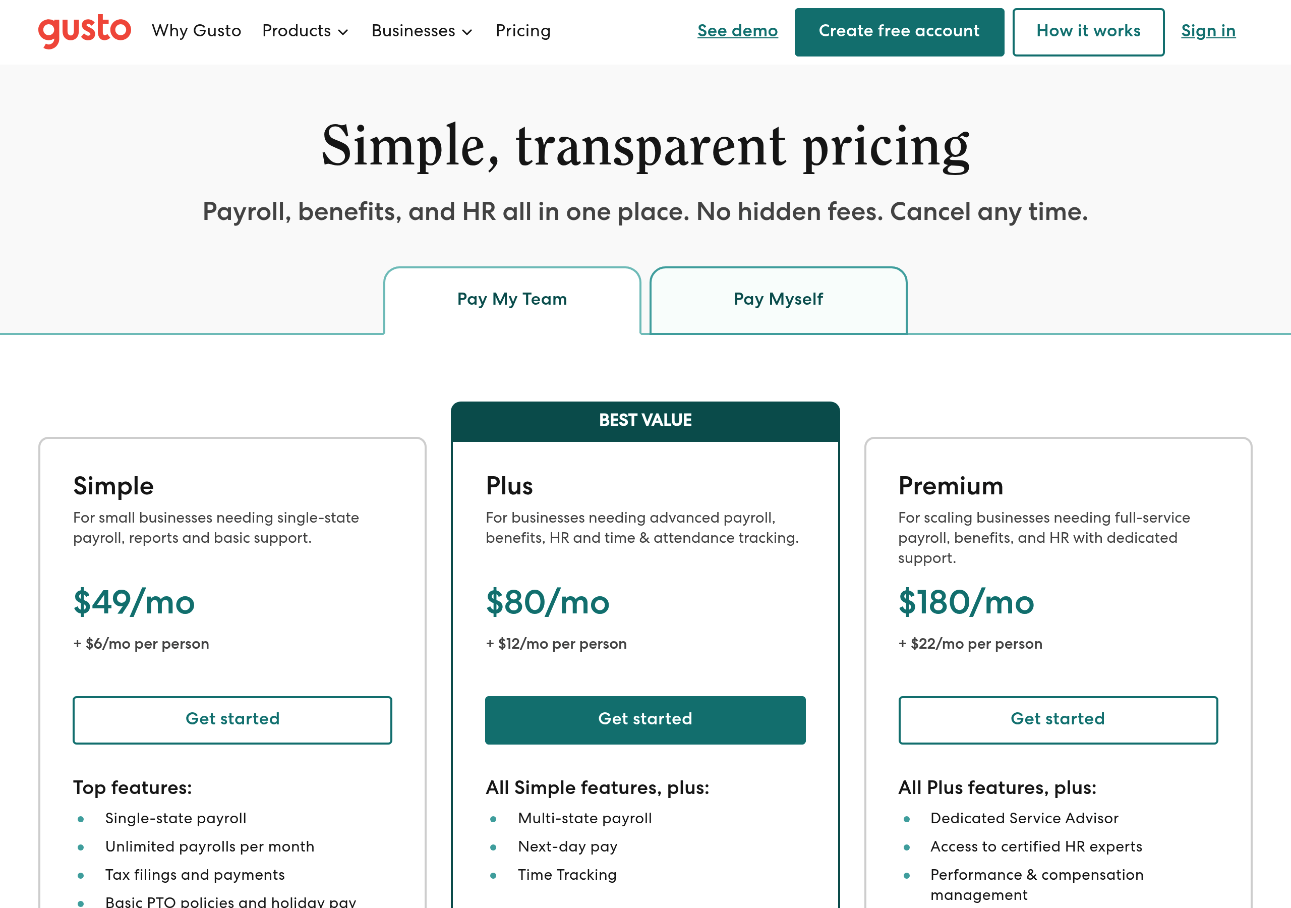 Gusto – Pricing screenshot Pricing – Gusto website breakdown
