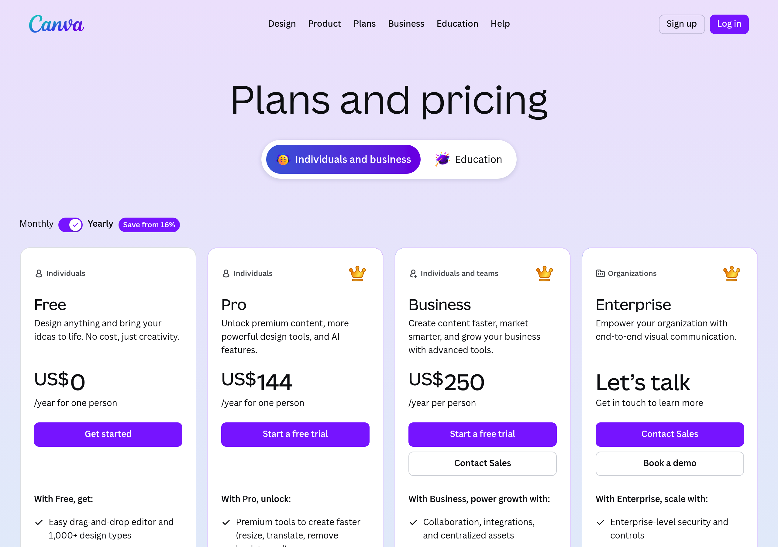 Canva – Pricing screenshot Pricing – Canva website breakdown