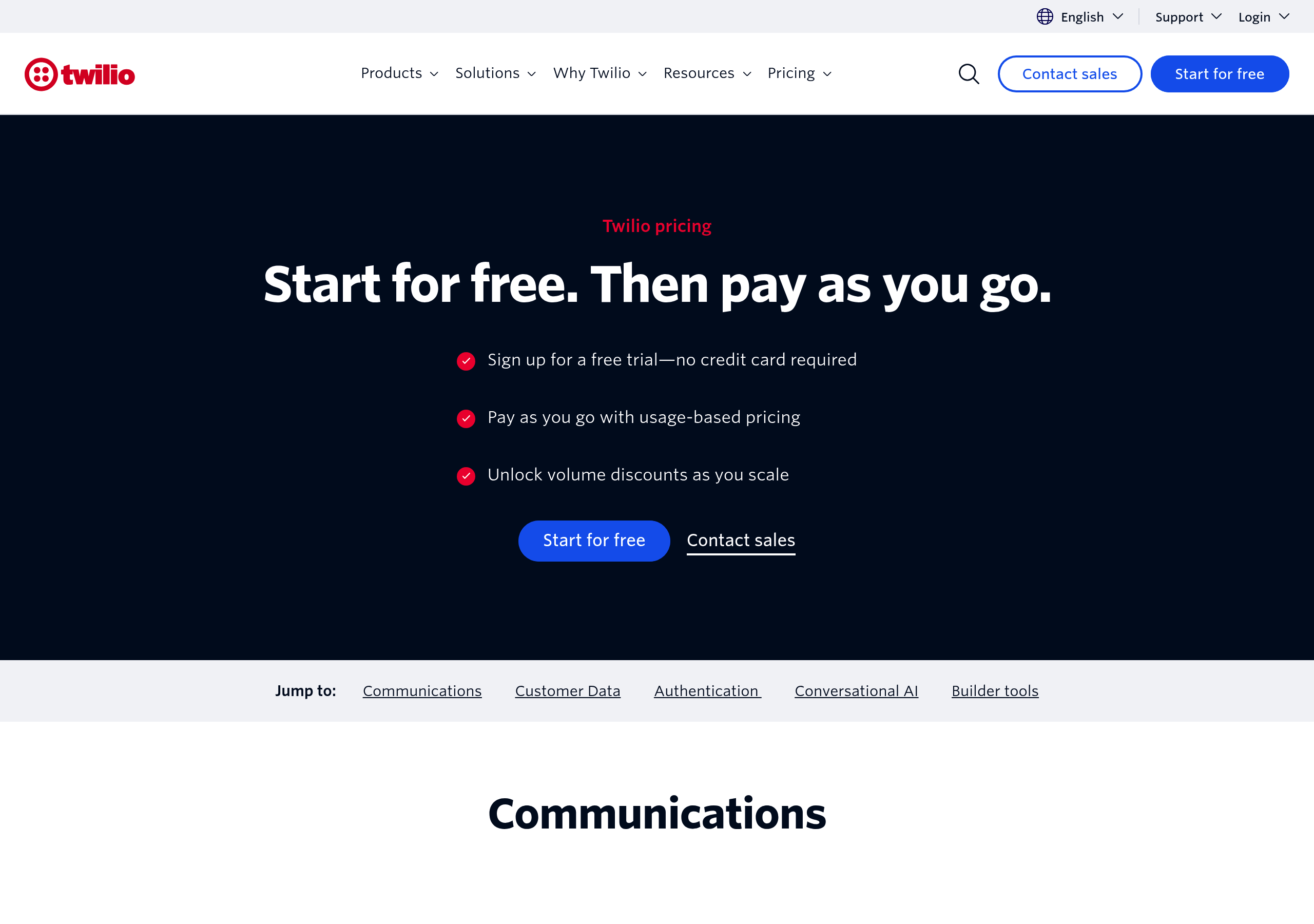 Twilio – Pricing screenshot Pricing – Twilio website breakdown