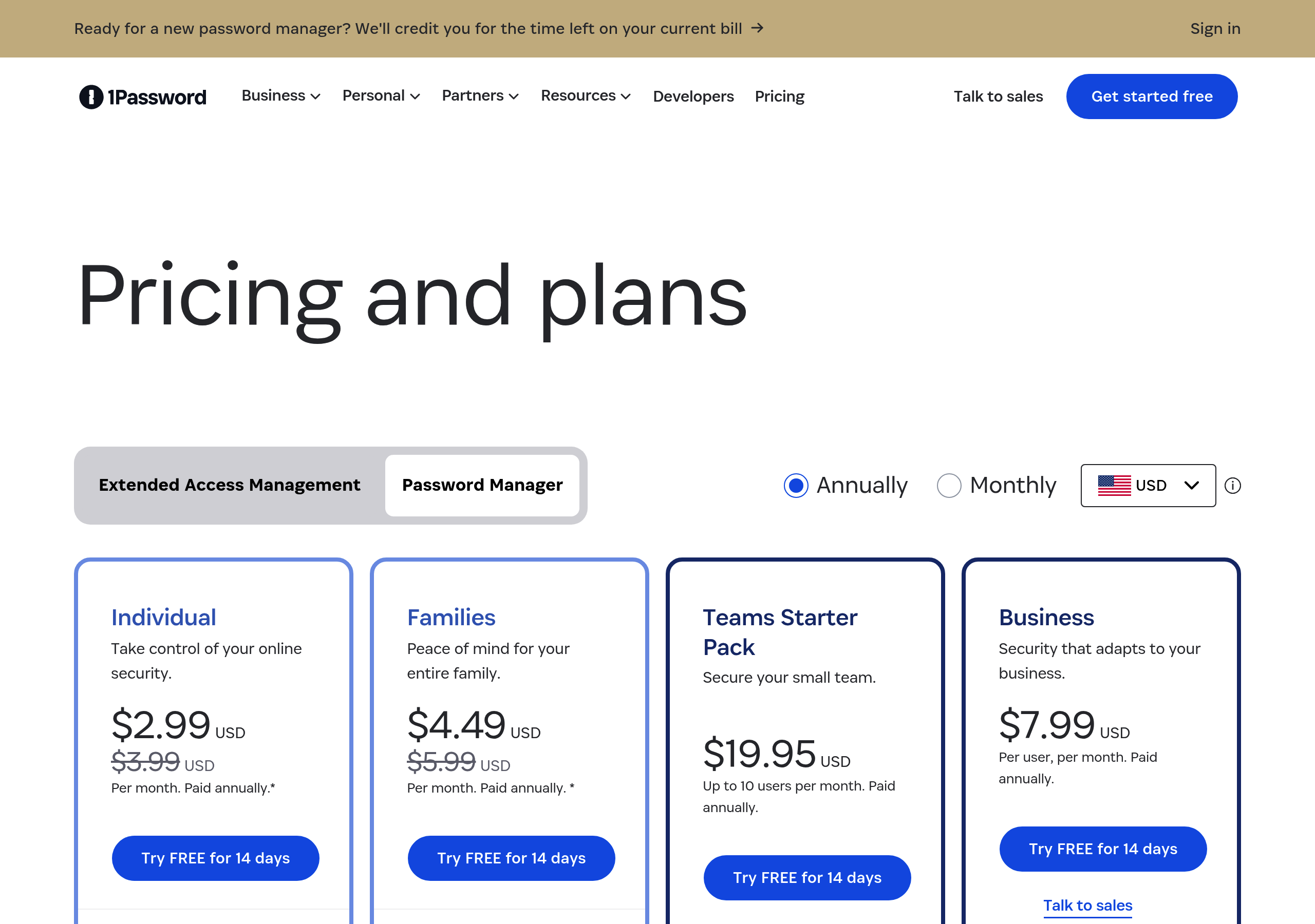 1Password – Pricing screenshot Pricing – 1Password website breakdown