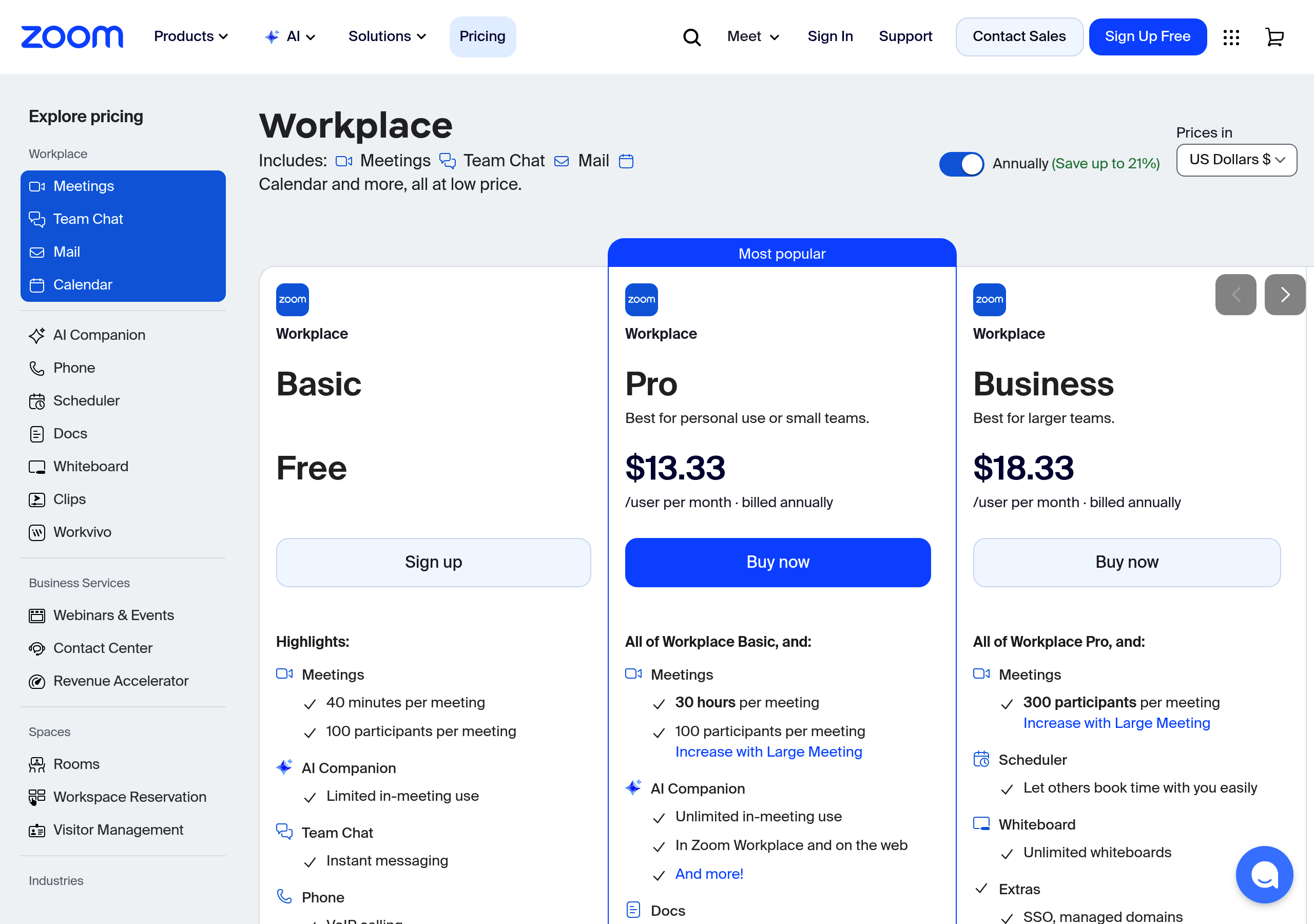 Zoom – Pricing screenshot Pricing – Zoom website breakdown