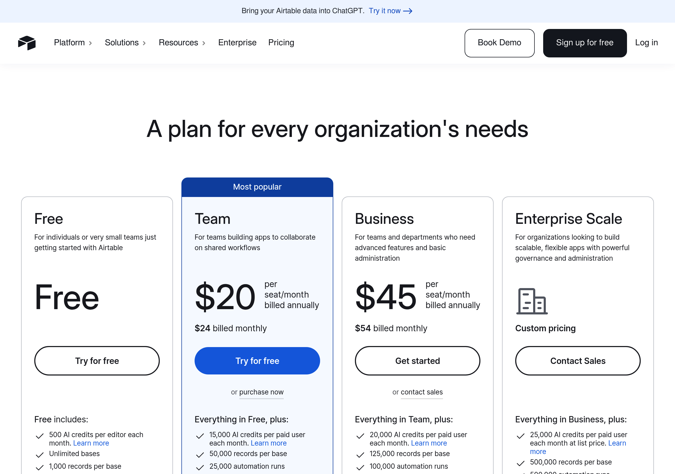 Airtable – Pricing screenshot Pricing – Airtable website breakdown