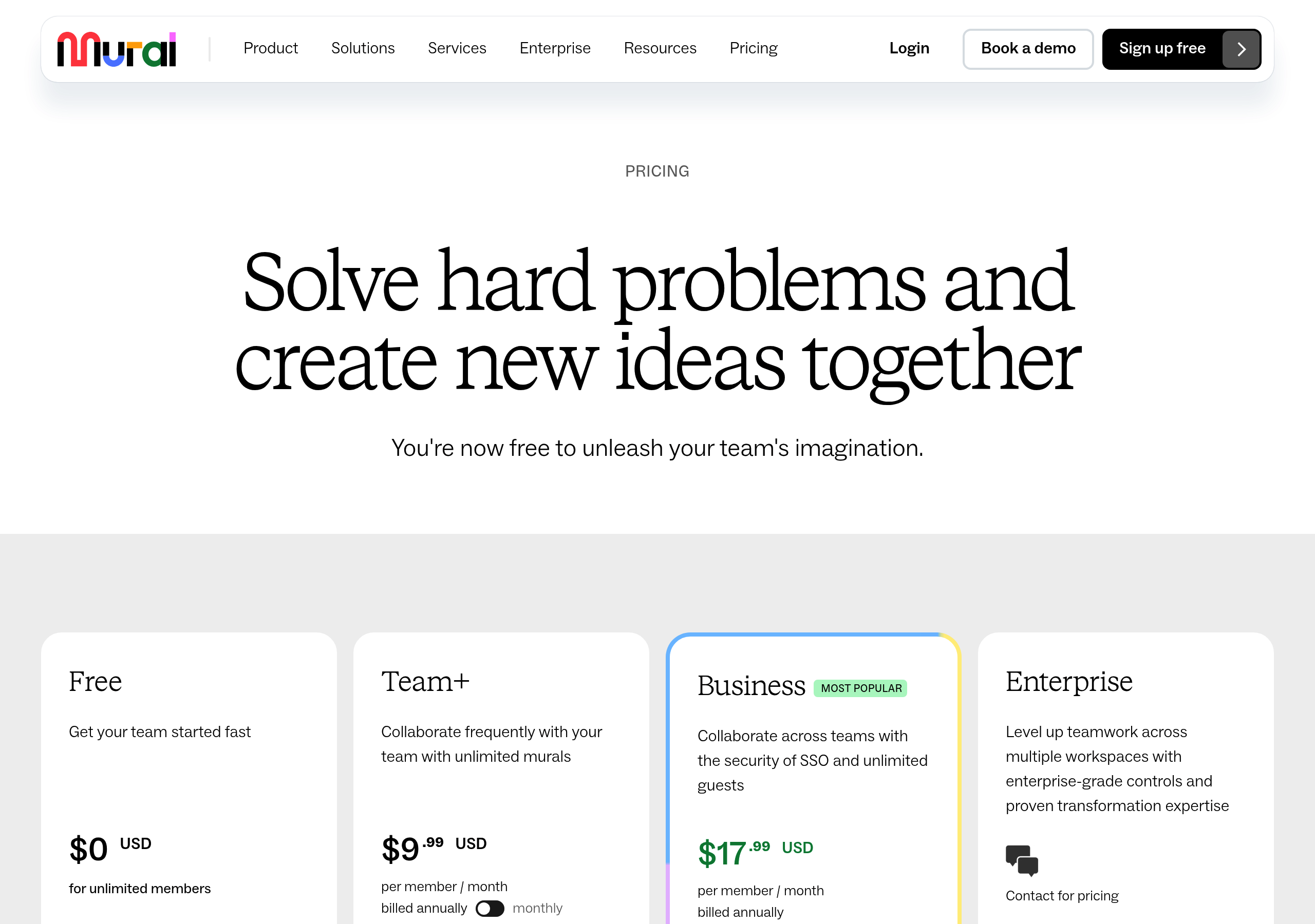 Mural – Pricing screenshot Pricing – Mural website breakdown