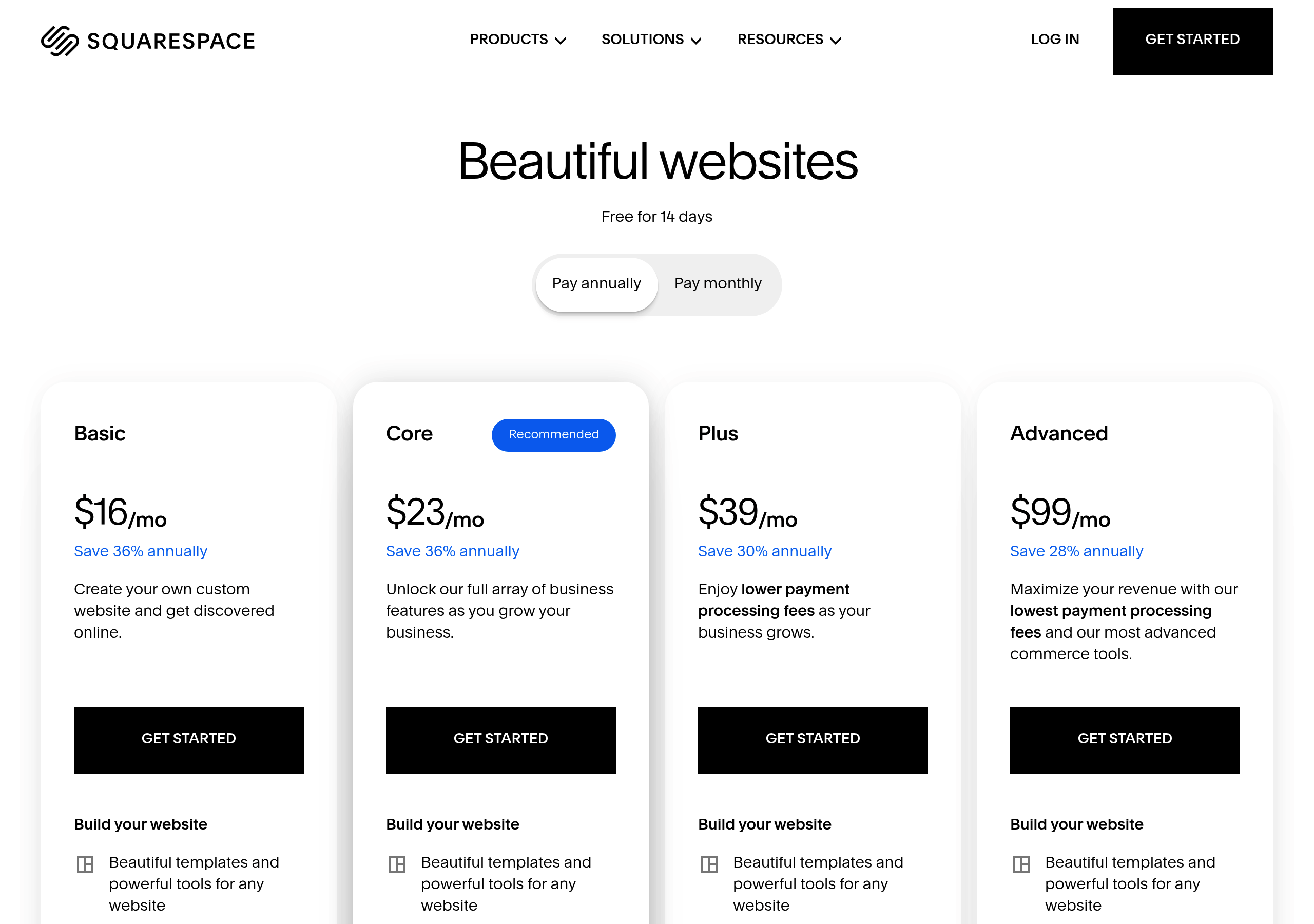 Squarespace – Pricing screenshot Pricing – Squarespace website breakdown