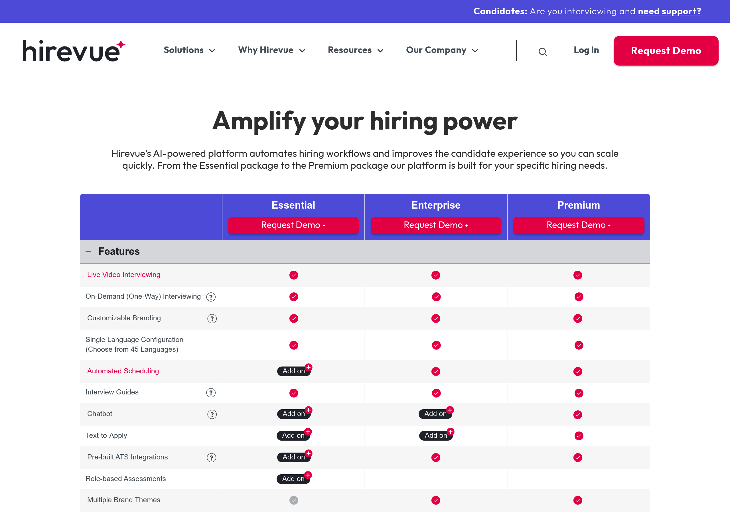 HireVue – Pricing screenshot Pricing – HireVue website breakdown