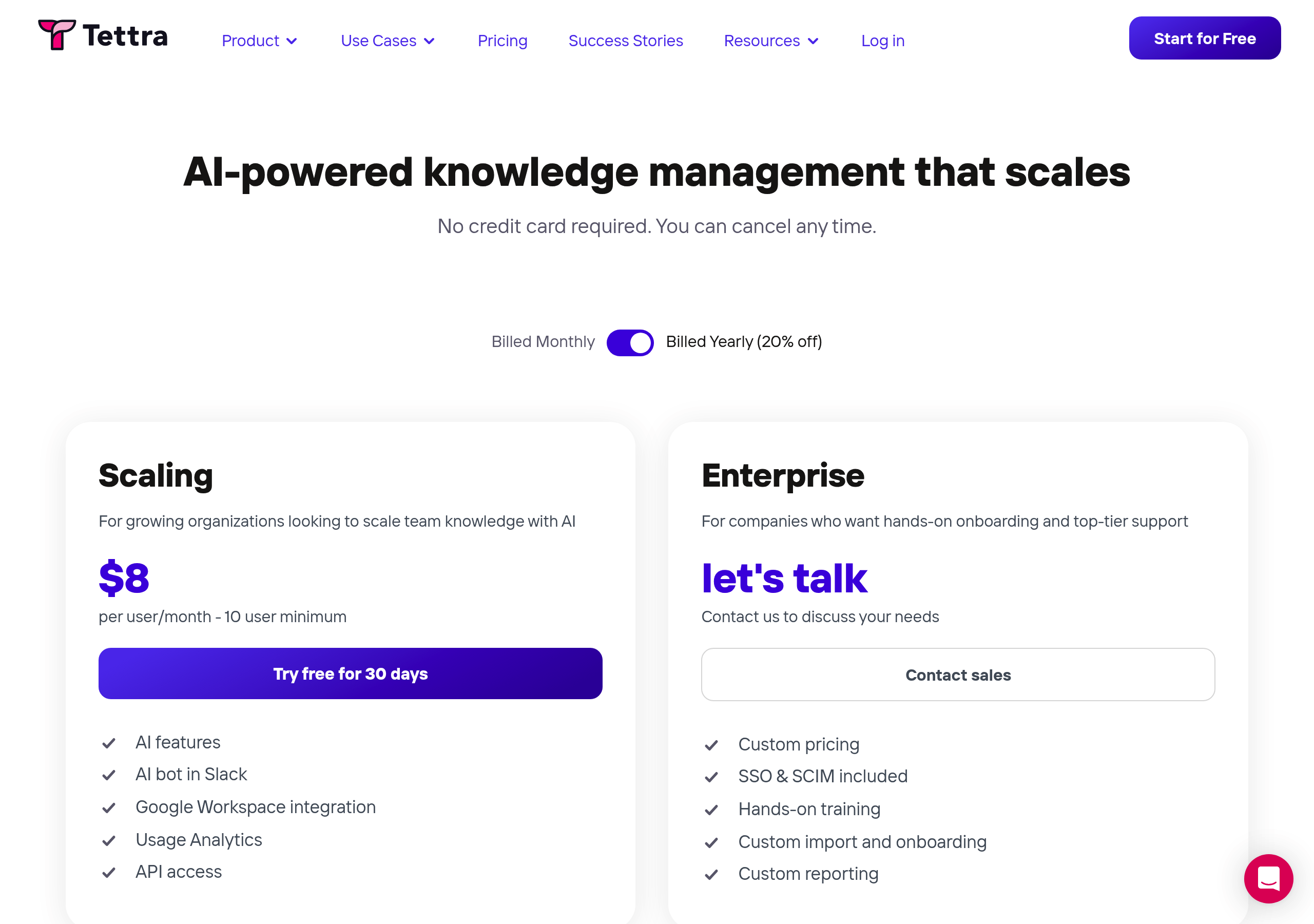 Tettra – Pricing screenshot Pricing – Tettra website breakdown