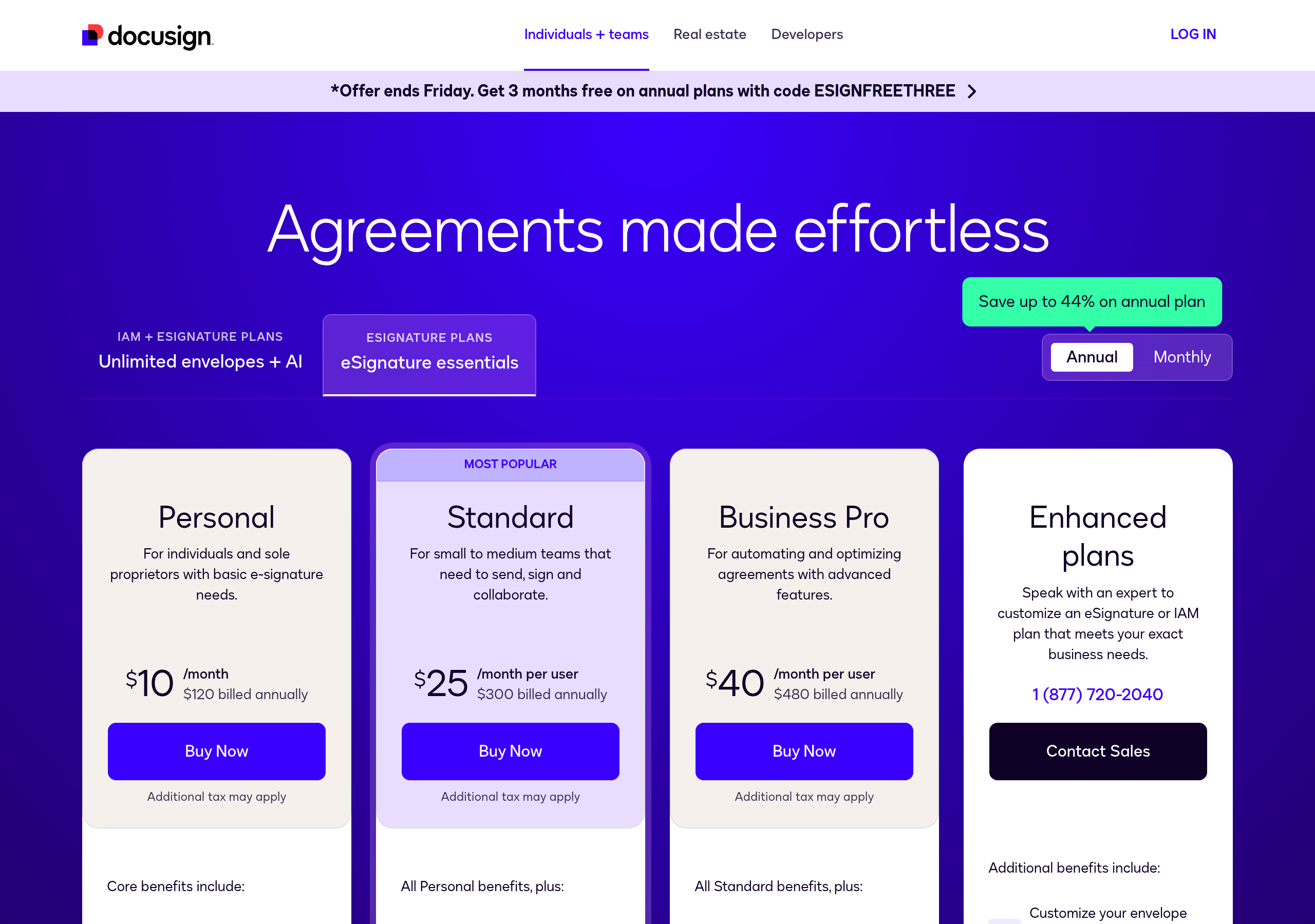 DocuSign – Pricing screenshot Pricing – DocuSign website breakdown