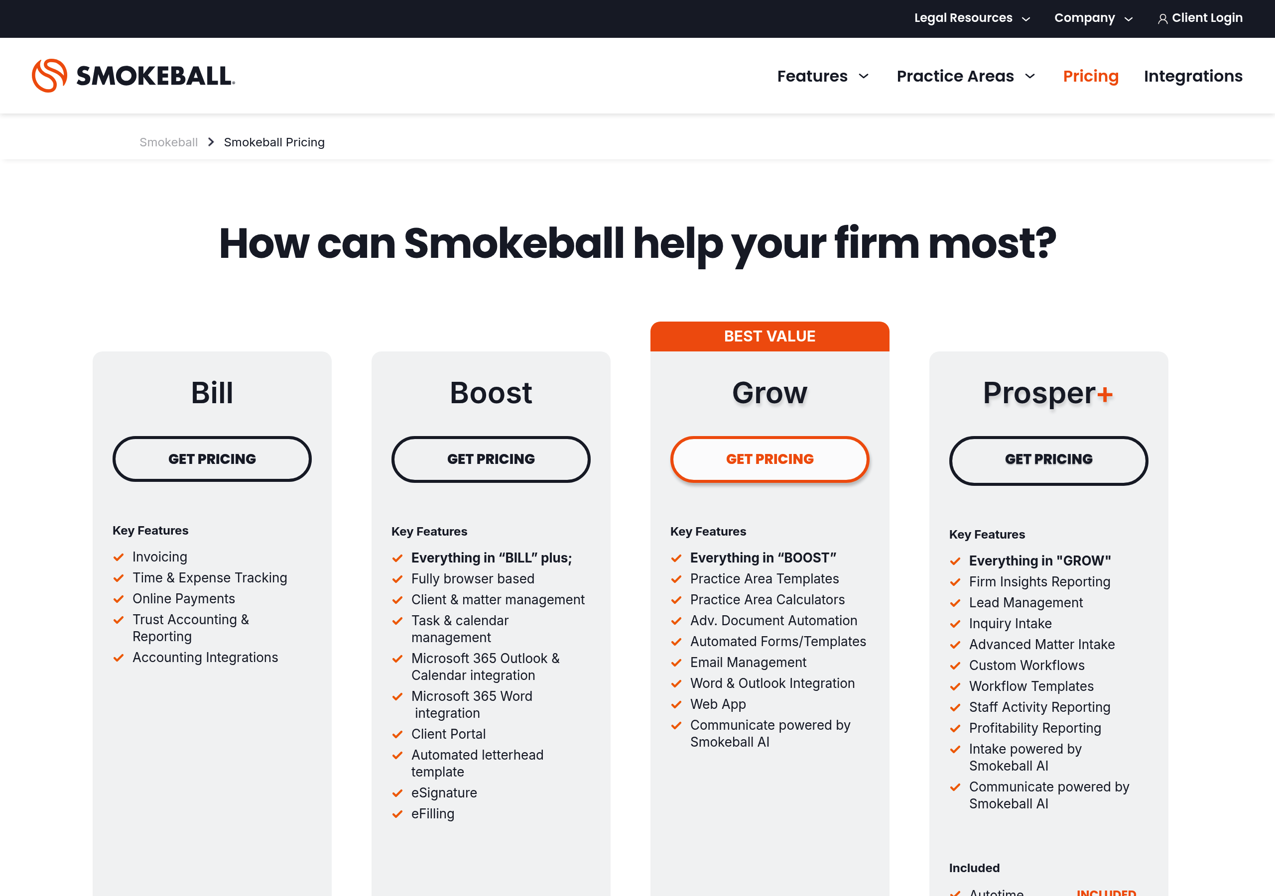 Smokeball – Pricing screenshot Pricing – Smokeball website breakdown