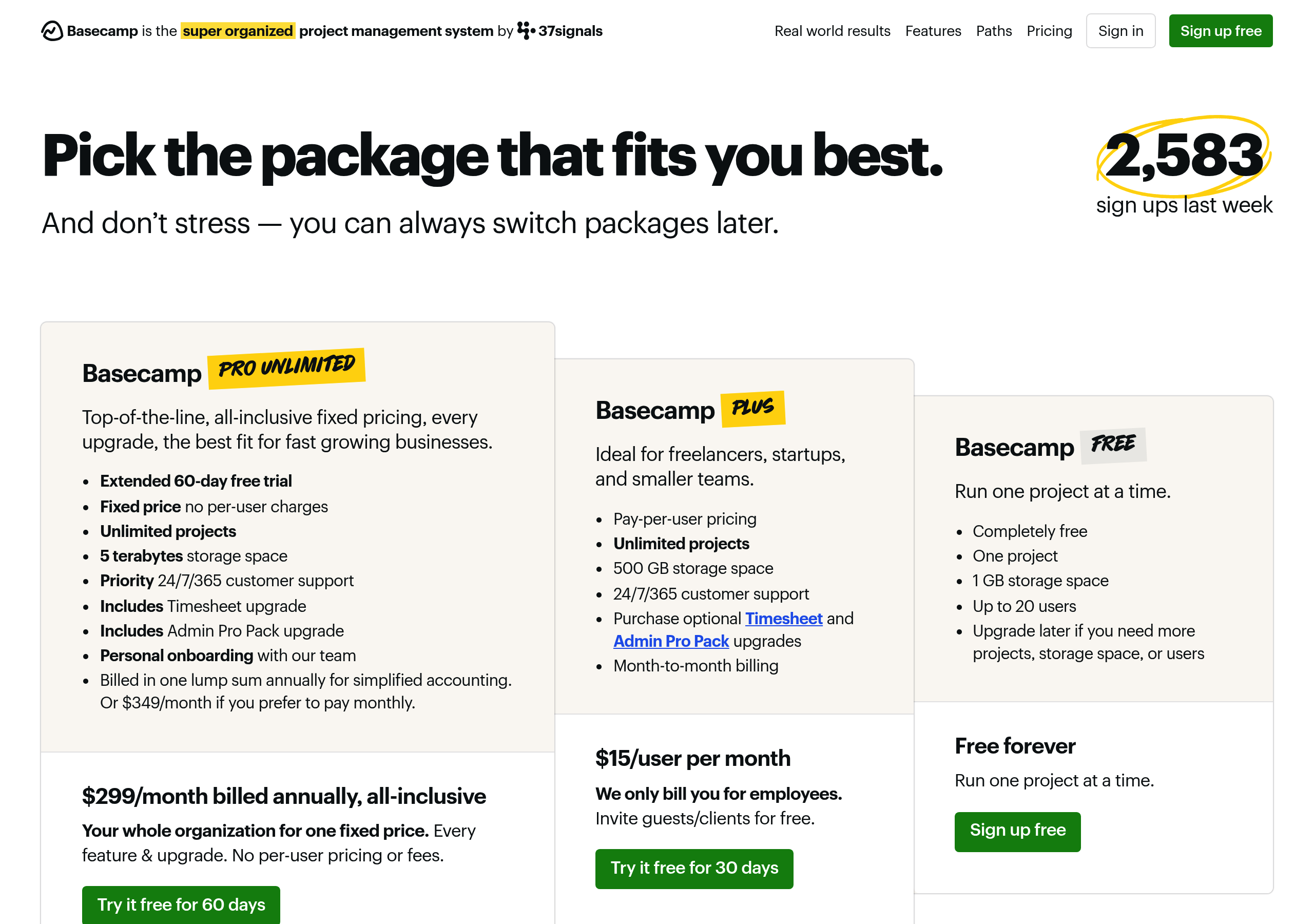 Basecamp – Pricing screenshot Pricing – Basecamp website breakdown