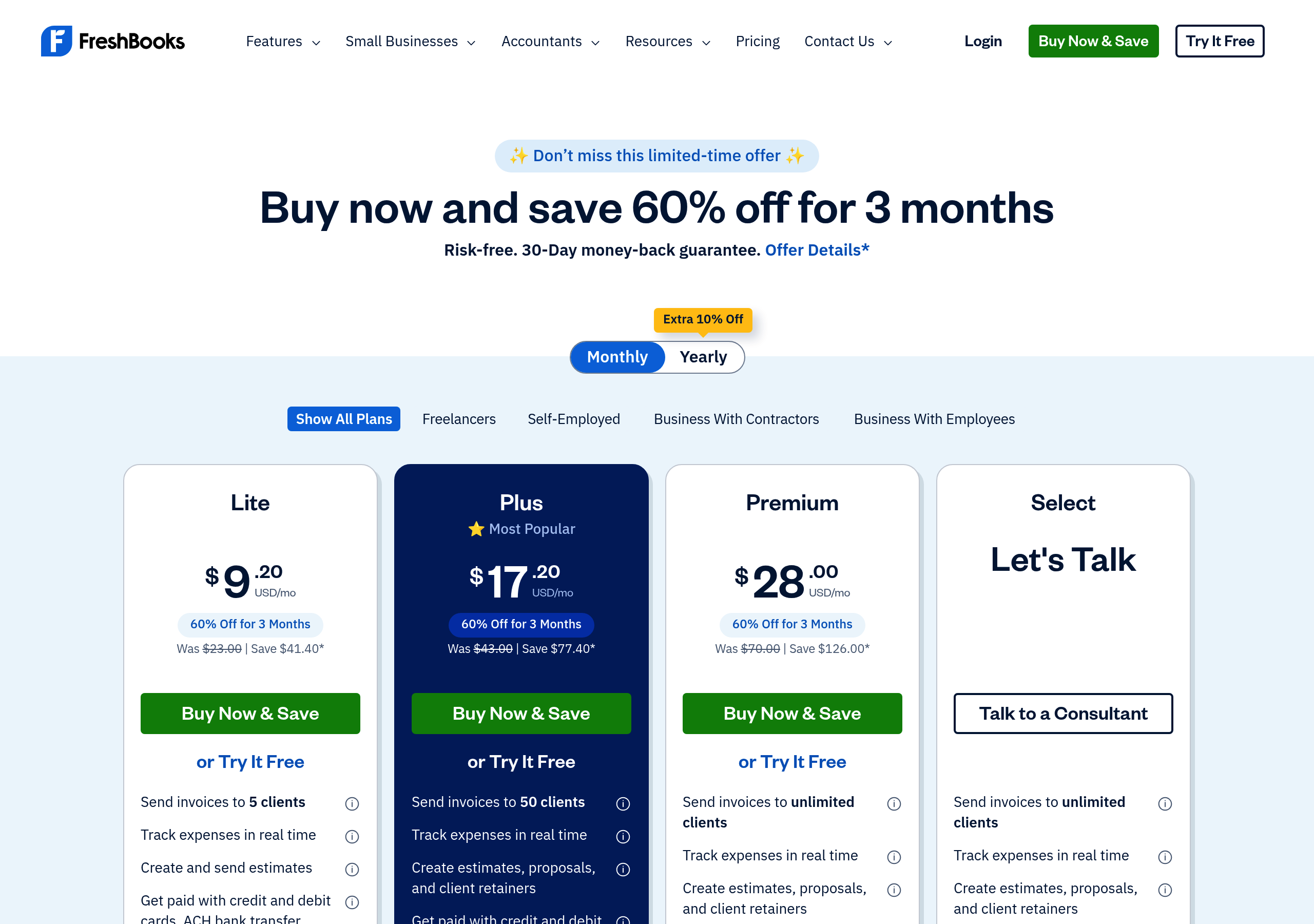 FreshBooks – Pricing screenshot Pricing – FreshBooks website breakdown