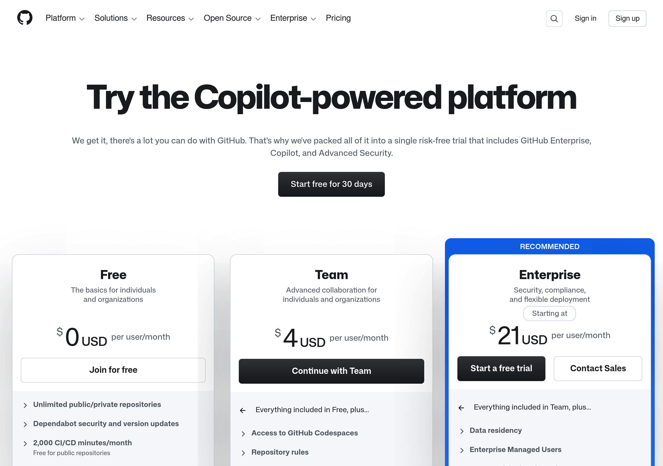 GitHub – Pricing screenshot Pricing – GitHub website breakdown
