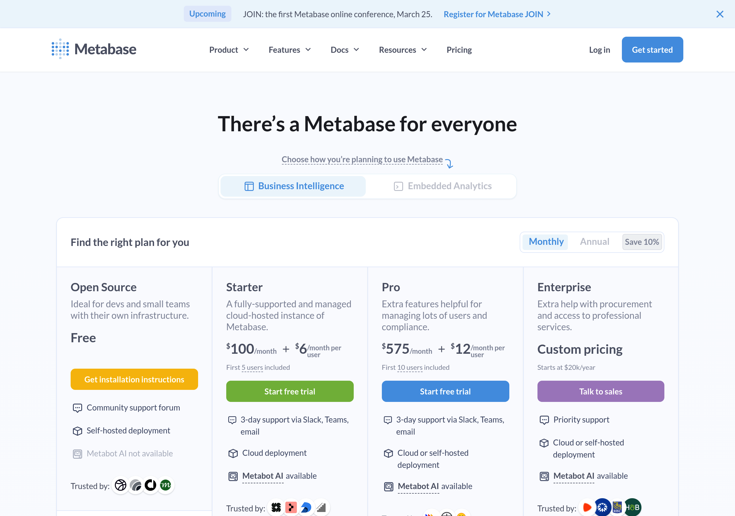 Metabase – Pricing screenshot Pricing – Metabase website breakdown