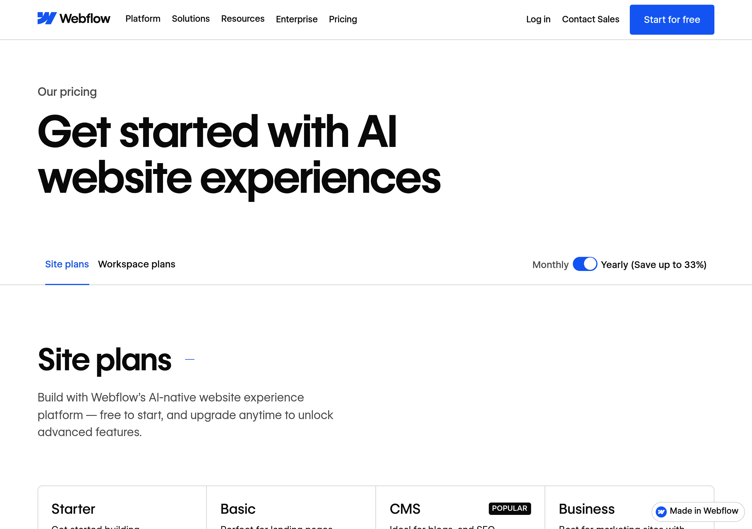 Webflow – Pricing screenshot Pricing – Webflow website breakdown